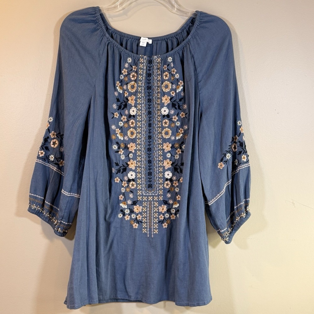 J.Jill Embroidered Boho Peasant Tunic PL Smocked Neck Coastal Grandma Artisan